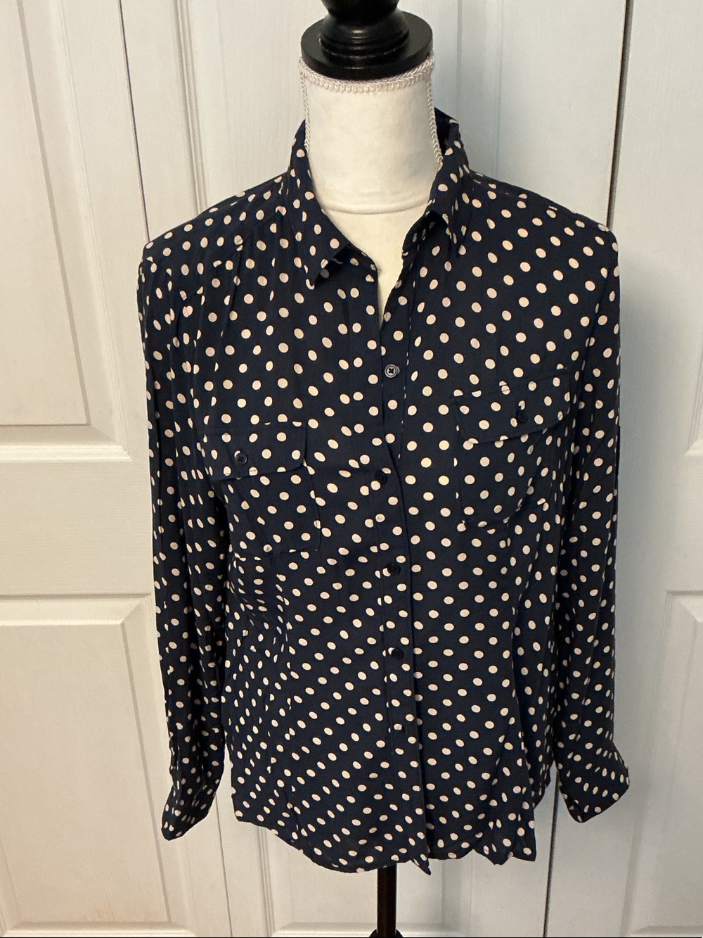 LOFT Navy and Light Pink Polka Dot Button-Down Blouse